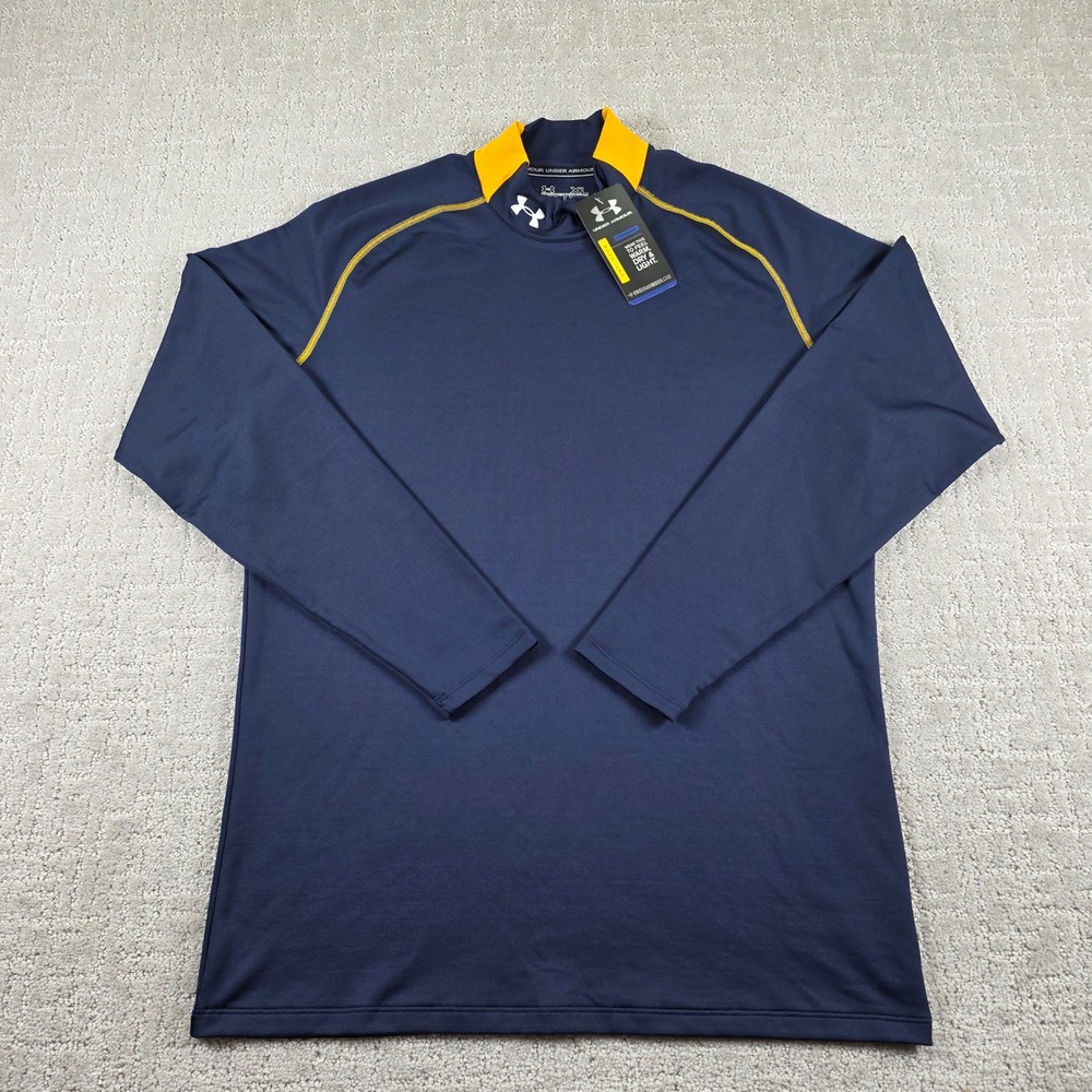 NEW Under Armour ColdGear Fitted Mock Neck Navy Gold Long Sleeve Shirt Mens XL